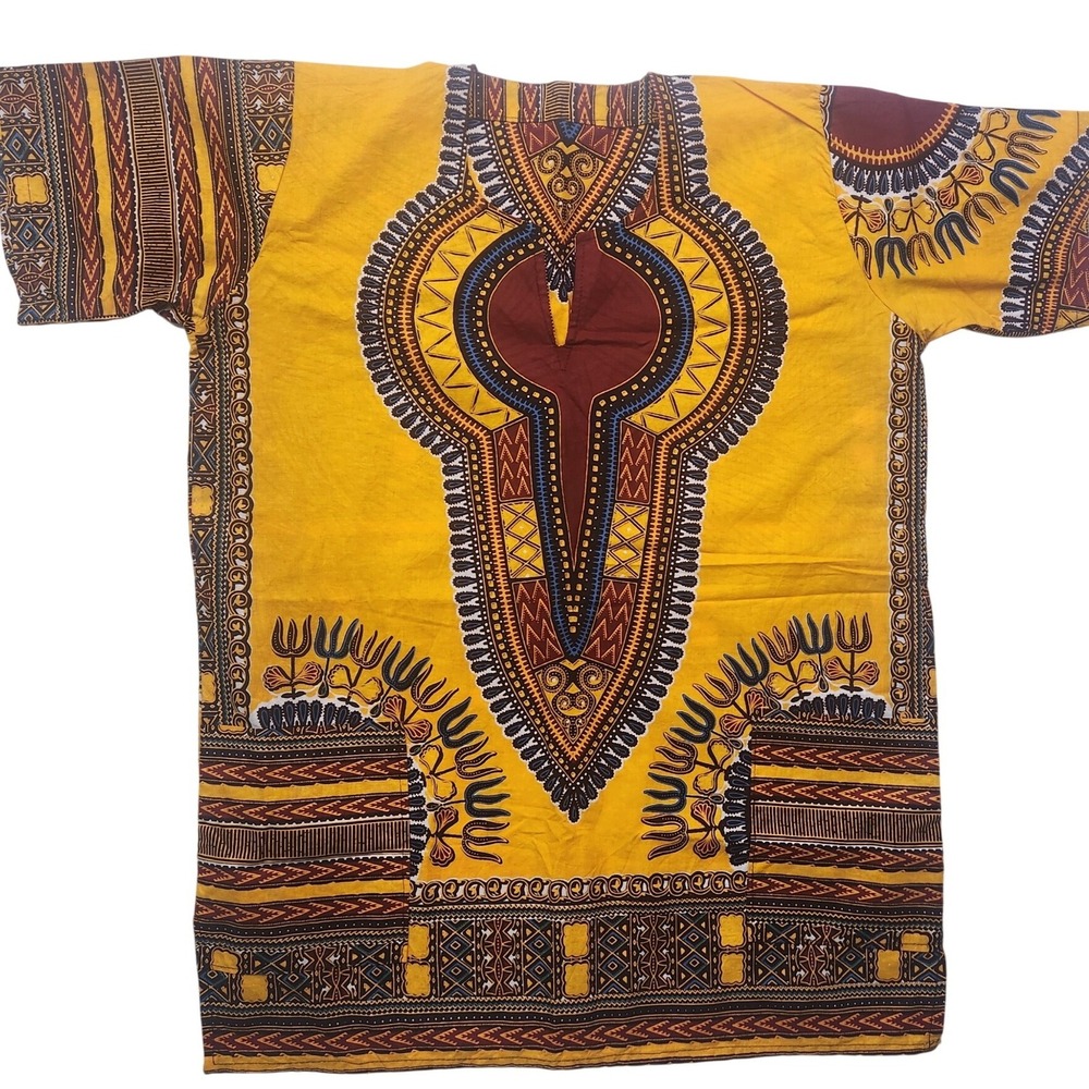 African Kente Cloth Short Sleeve V-Neck Tunic Hip Pockets Handmade Size M/L